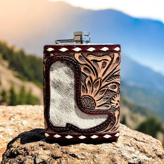 Boot Tooled Leather & Cowhide Flask