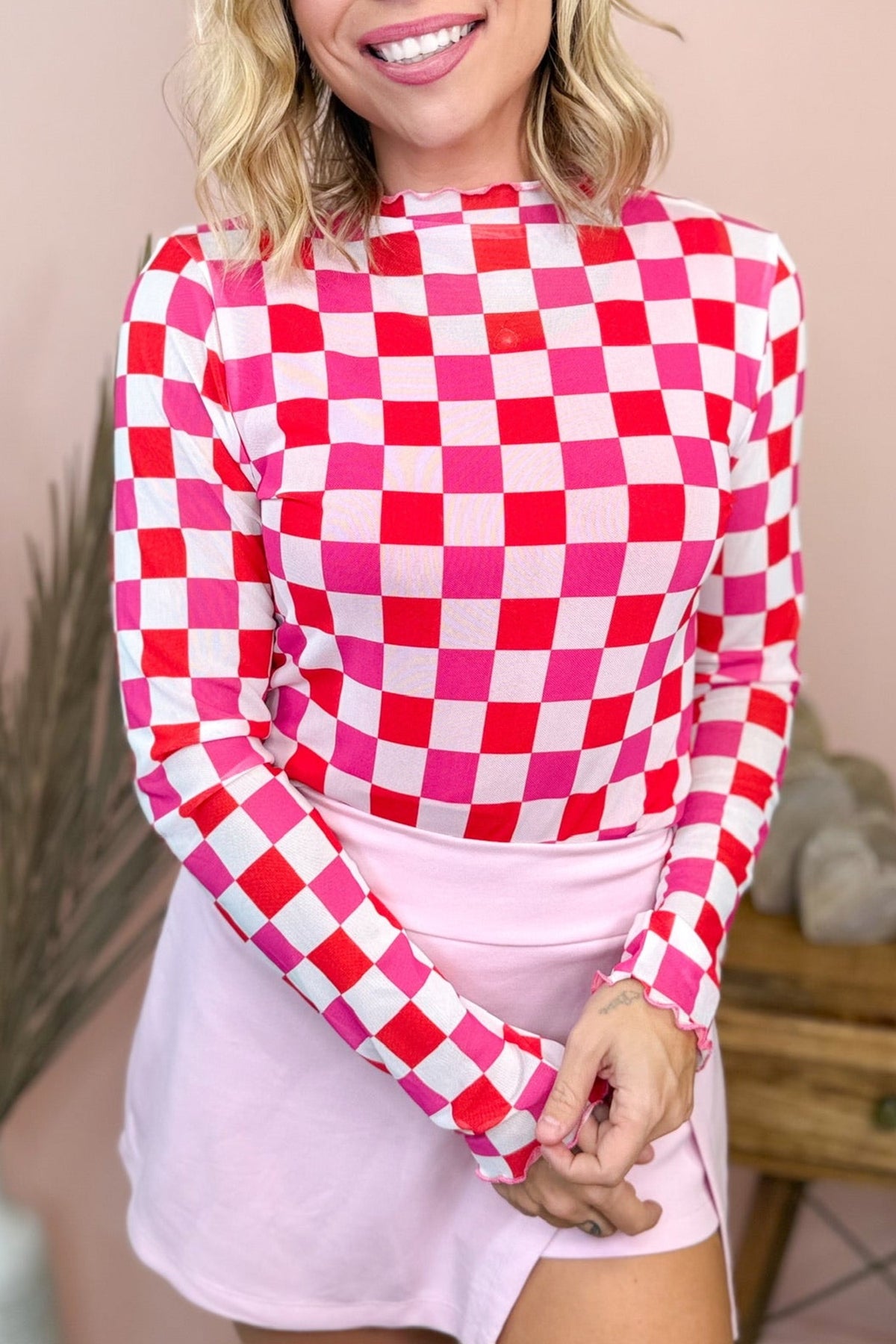 Pink & Red Checkered Long Sleeve Top