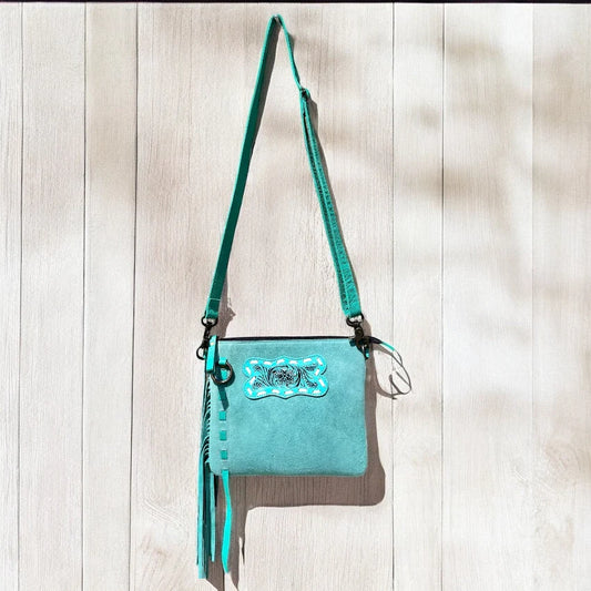 Turquoise Suede & Tooled Fringe Crossbody Bag