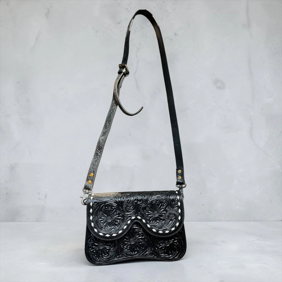 Black Tooled Leather Crossbody