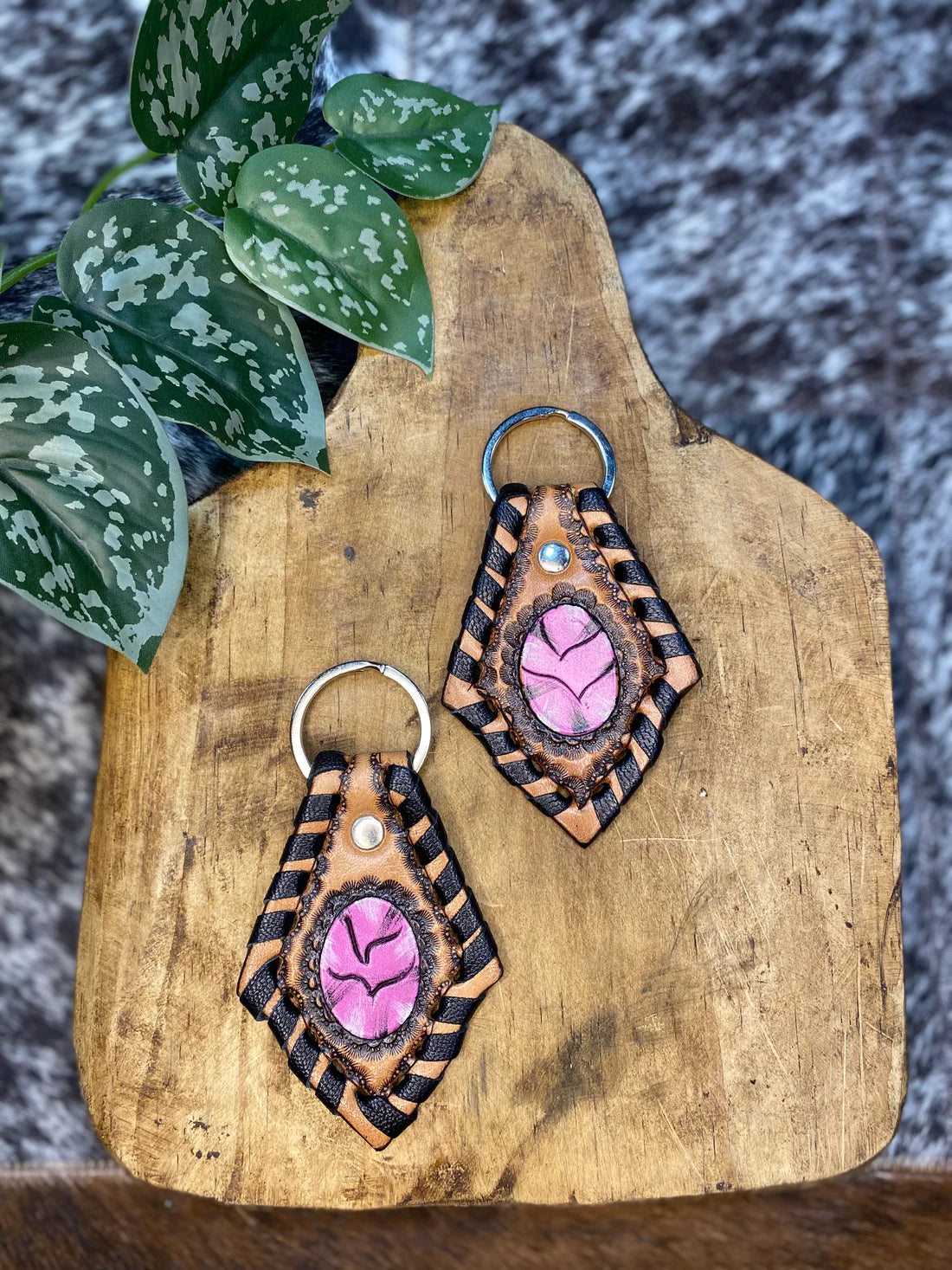 Pink Stone Leather Keychain