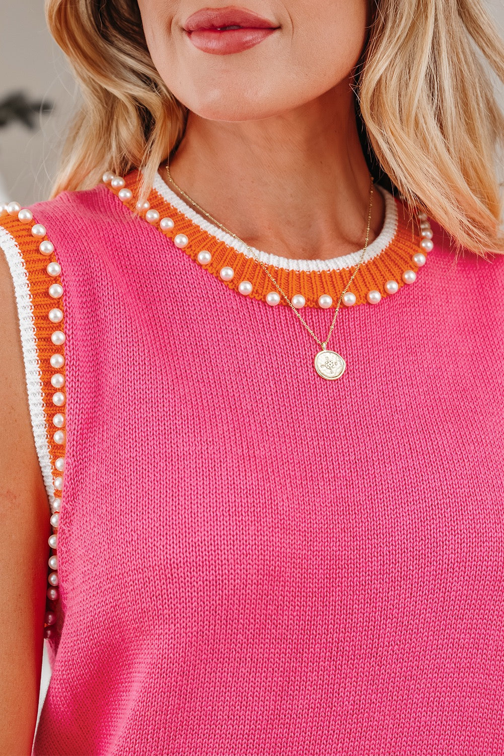 Pink Knit Pearl Detail Top