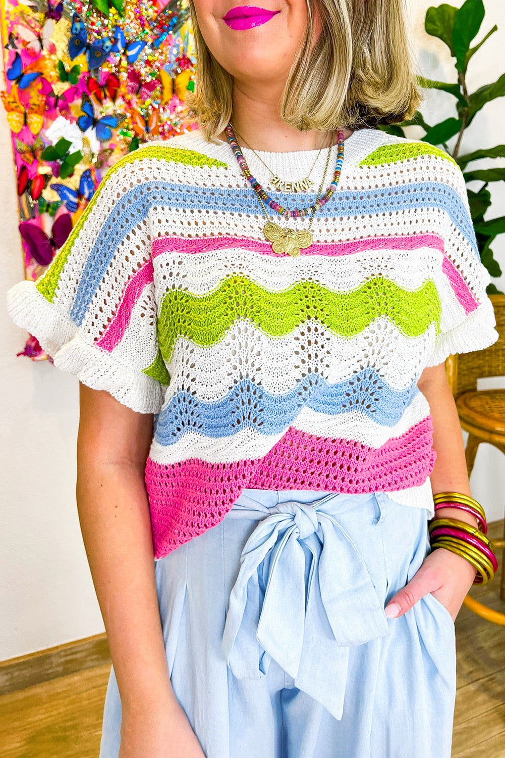 Bright Crochet Knit Ruffle Sleeve Top