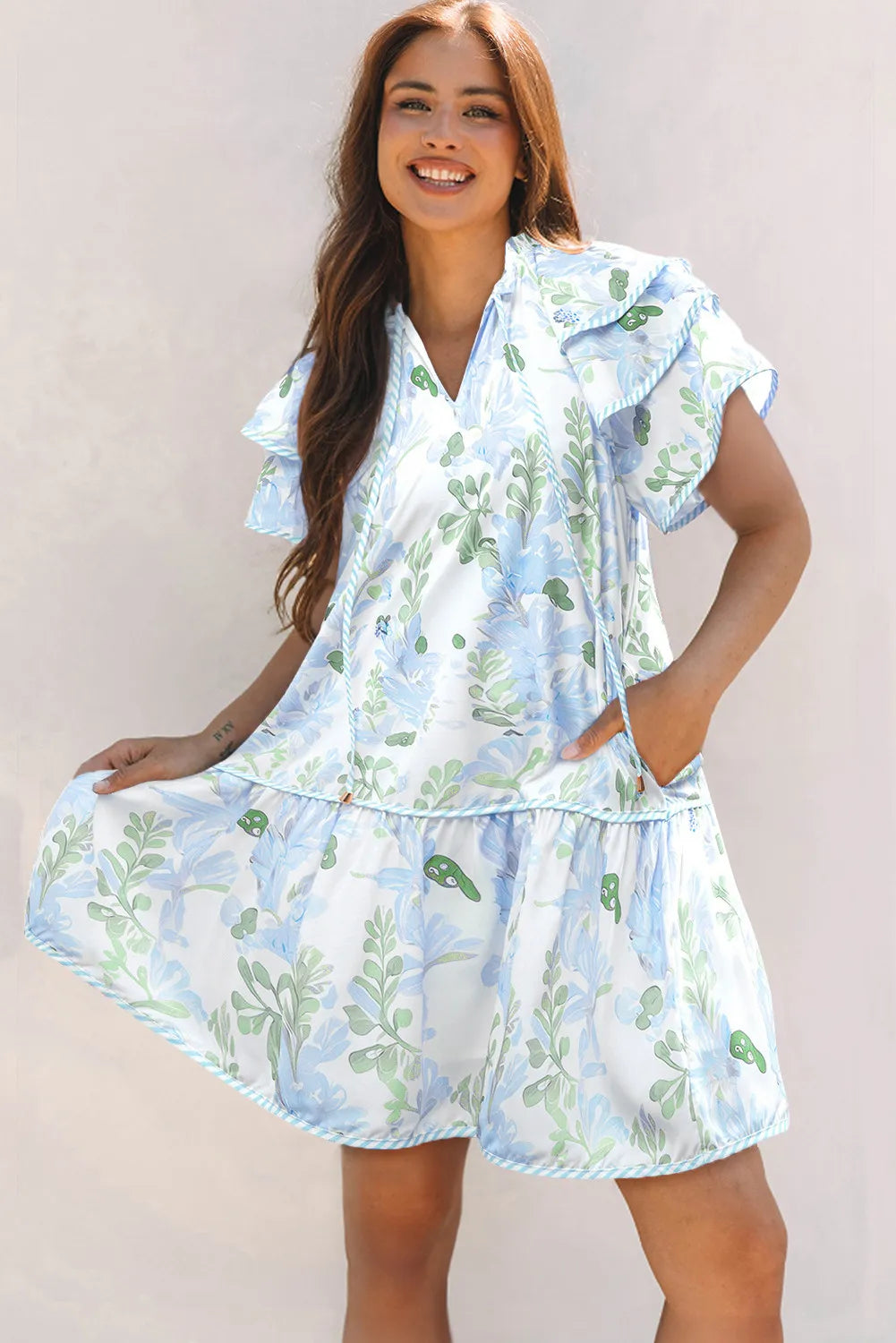 Blue Floral Layered Edge Dress