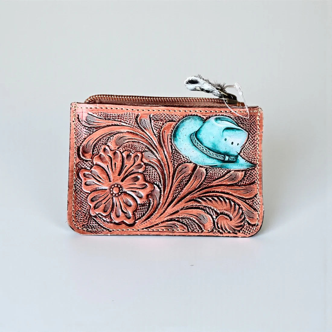 Turquoise Hat Tooled Leather Coin Pouch