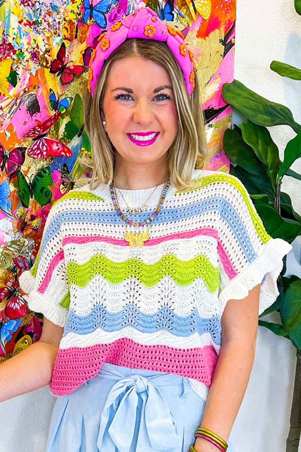 Bright Crochet Knit Ruffle Sleeve Top