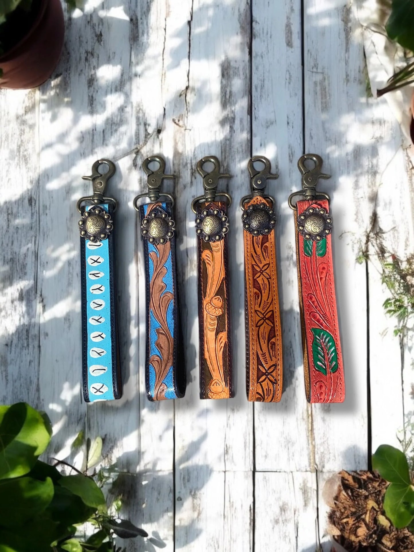Leather Leaves Tooled Keychain Wristlet