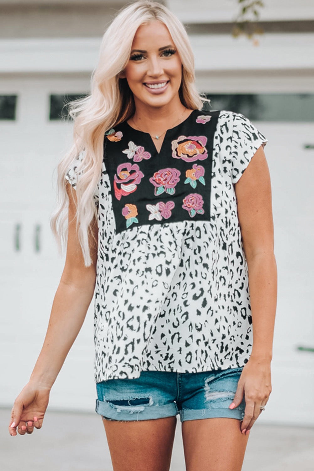 Leopard & Floral Embroidered Top