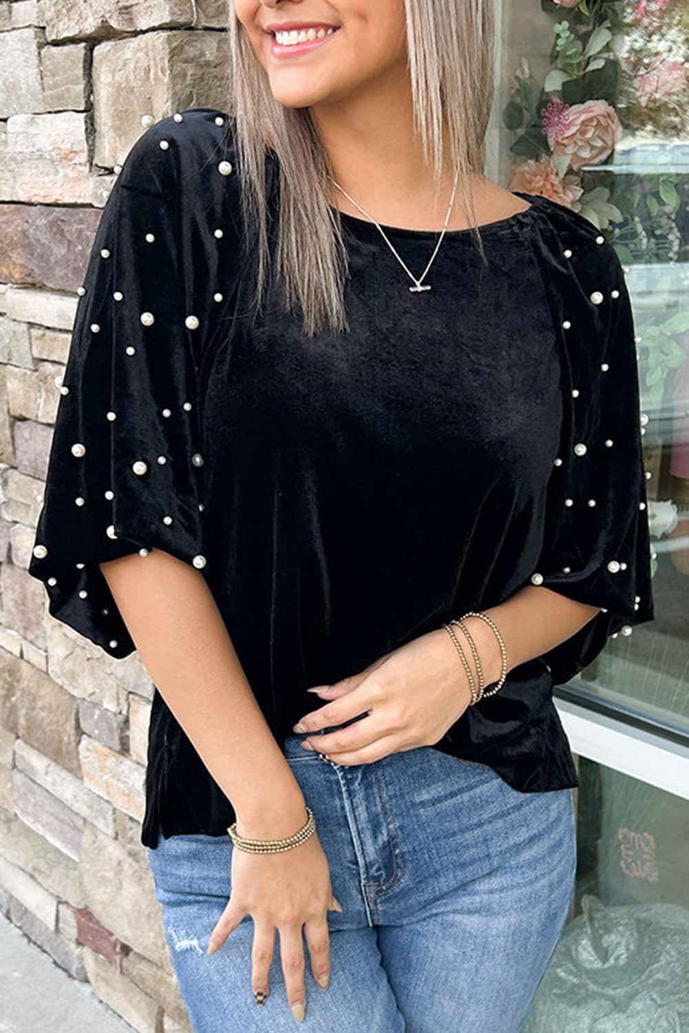 Pearl Detail Black Top