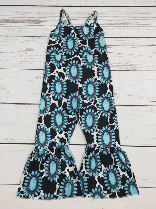 Turquoise & Cow Print Girls Jumpsuit