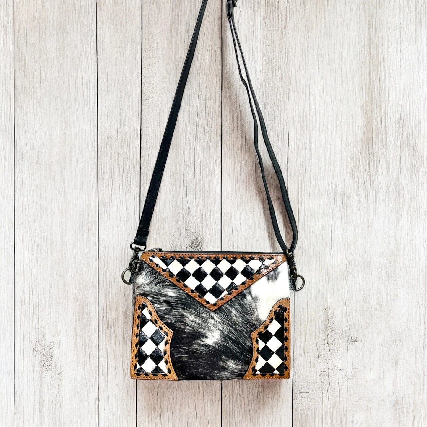 Checkered Leather & Cowhide Crossbody Bag