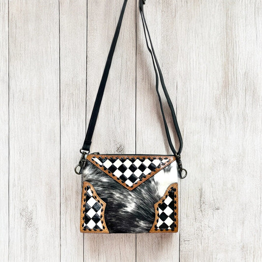 Checkered Leather & Cowhide Crossbody Bag