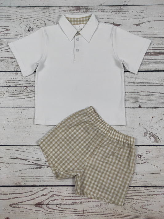 Boys White Polo & Gingham Short Set