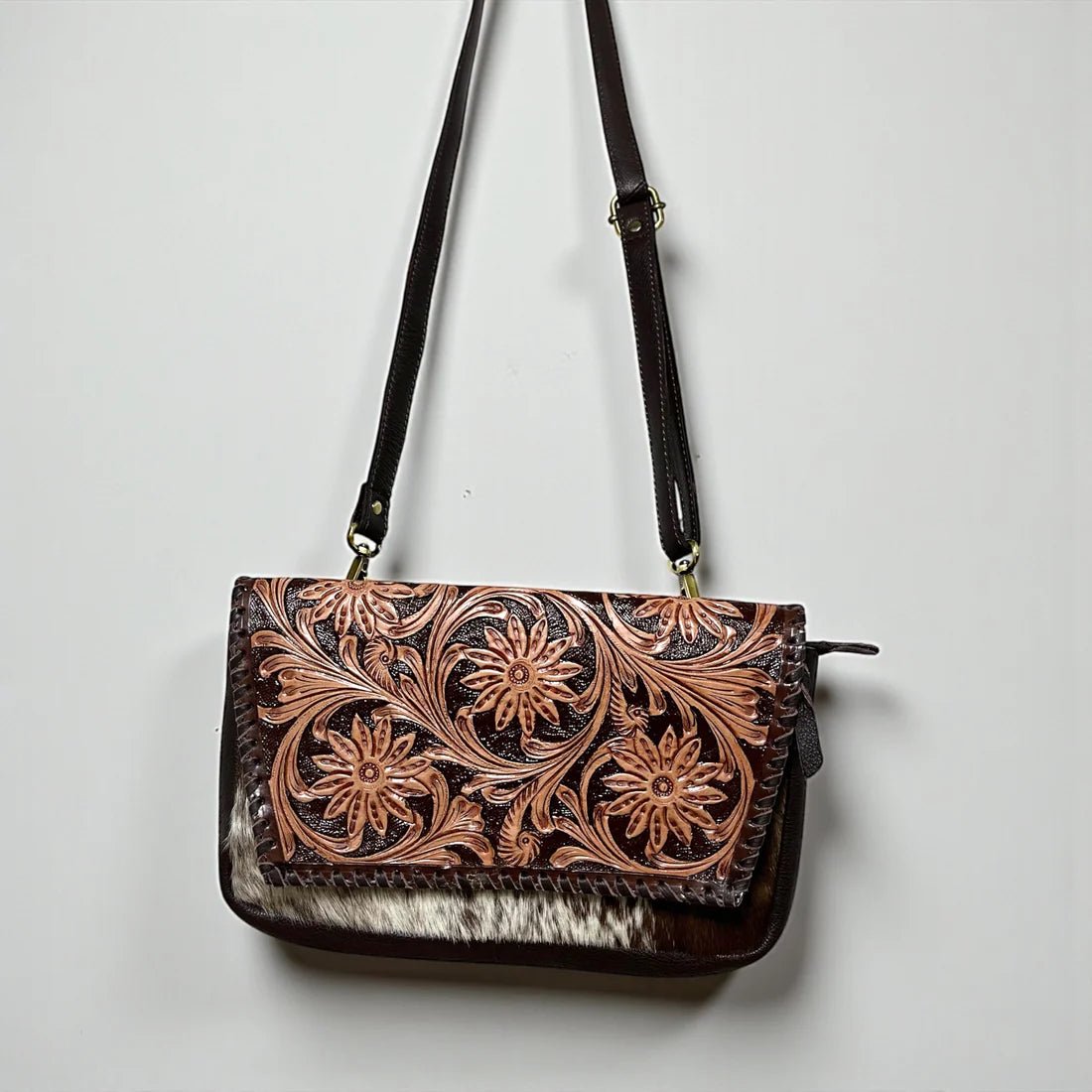 Maria Tooled Leather & Cowhide Crossbody Purse