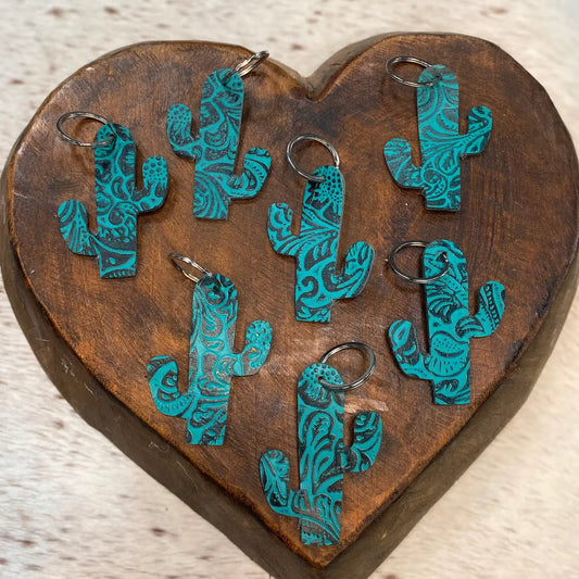 Turquoise Cactus Embossed Leather Keychain