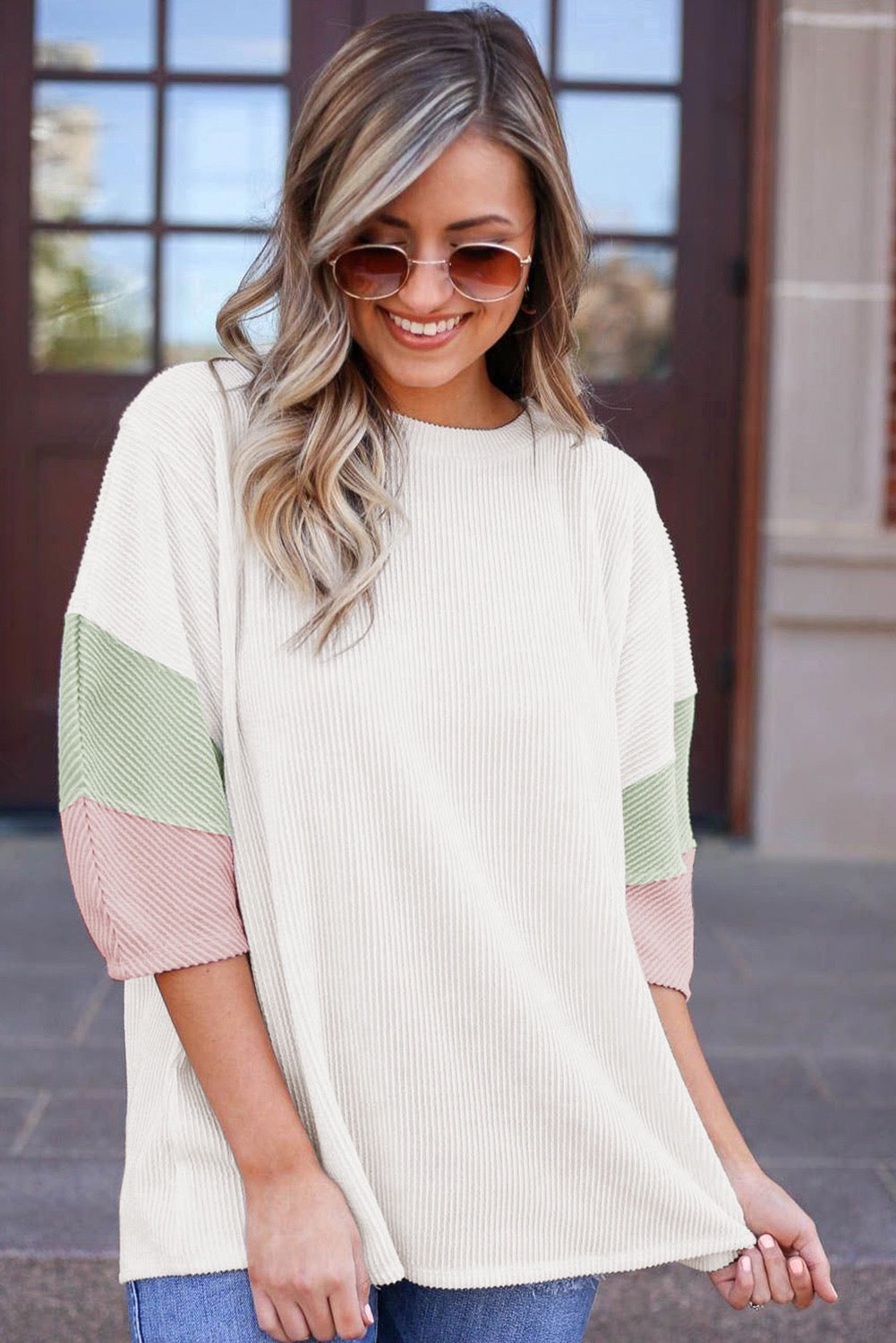 Pastel Pink & Sage Ribbed Top