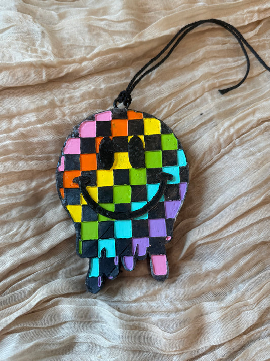 Rainbow Checkered Smiley Face Car Freshie