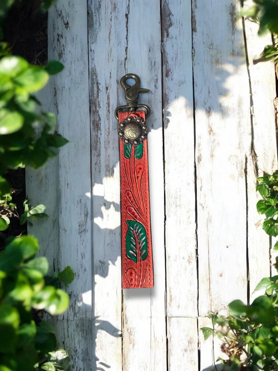 Leather Leaves Tooled Keychain Wristlet