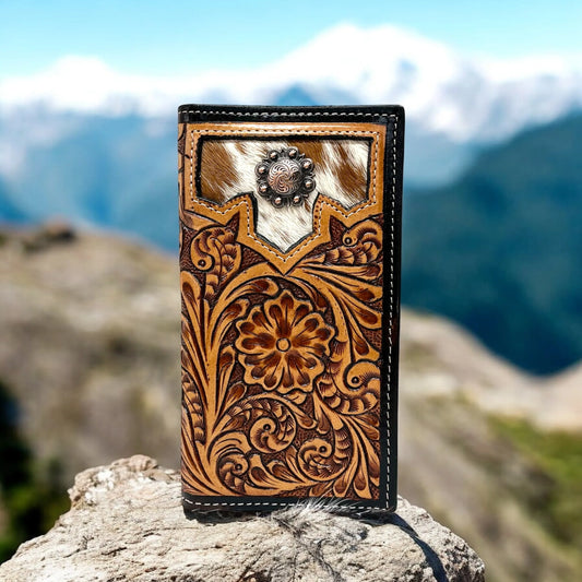 Brown Tooled Leather & Cowhide Mens Wallet