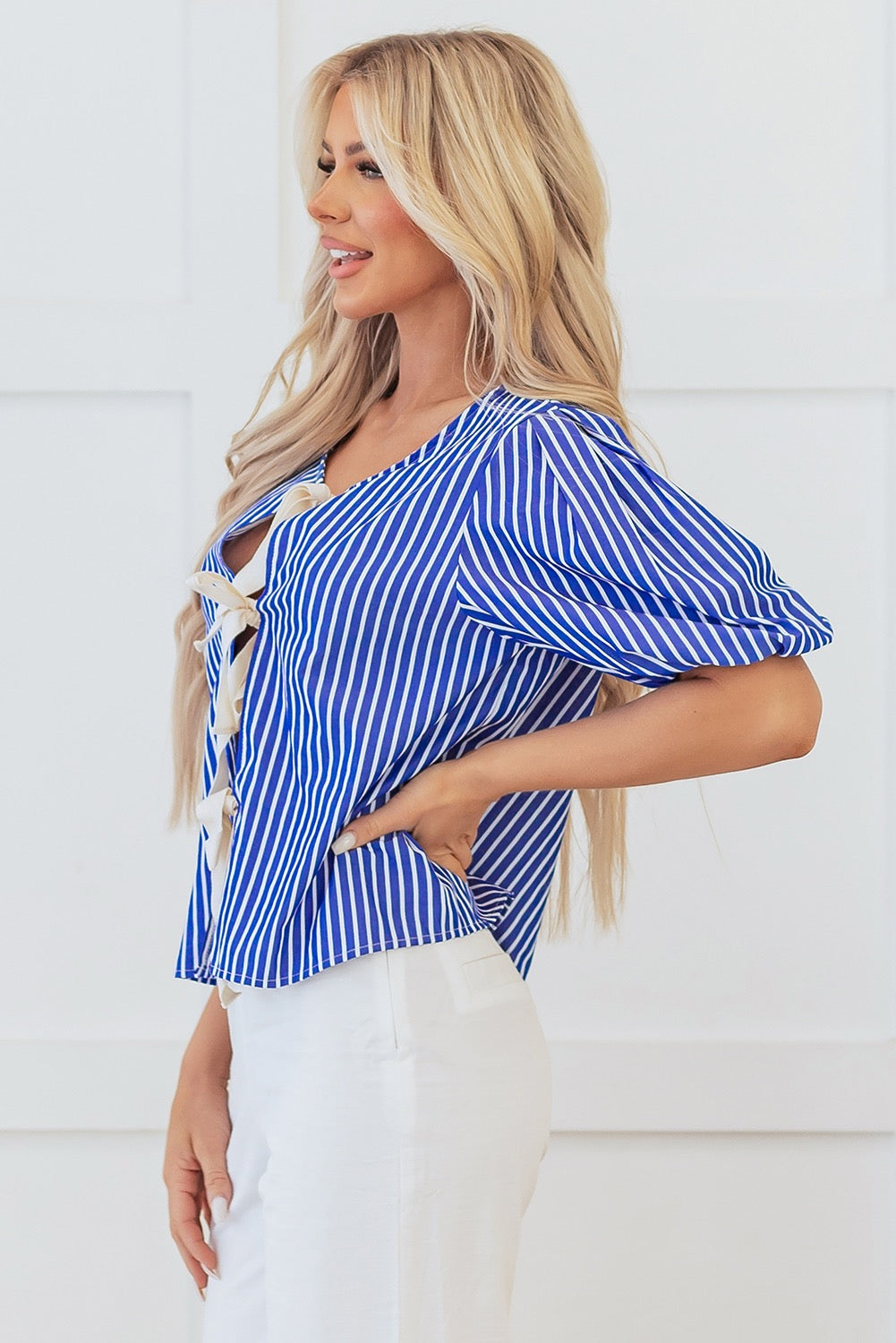 Blue Stripped Tie Front Top