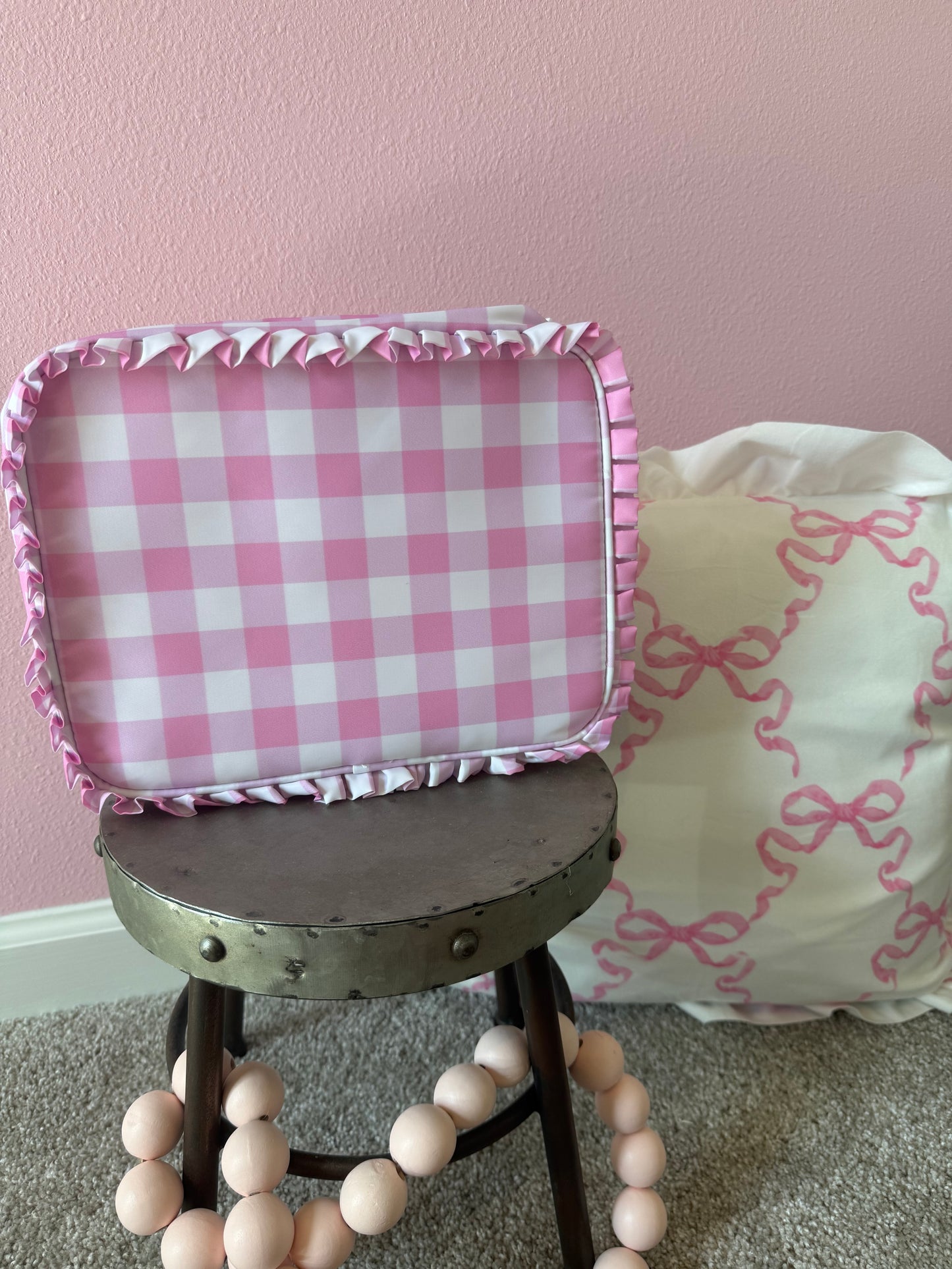 Large Pink Gingham with Ruffle Cosmetic Bag