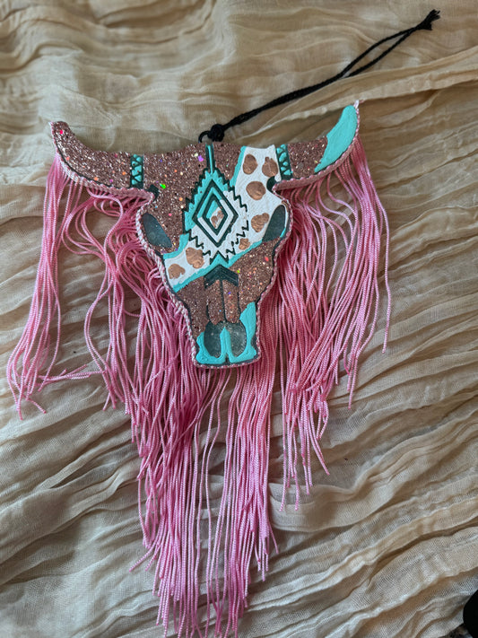 Pink & Teal Bull Head with Fringe Car Freshie