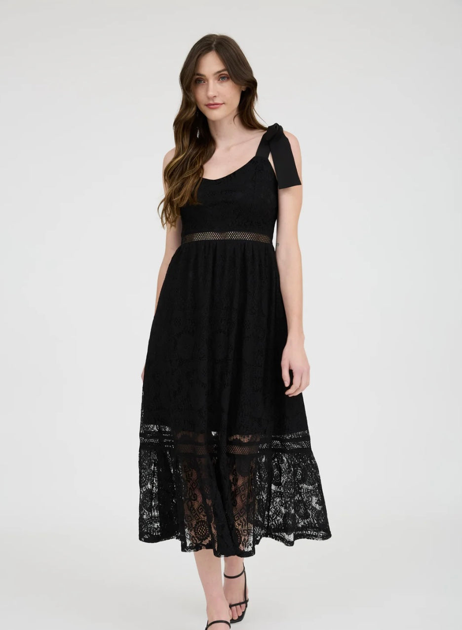 Black Lace Trim Midi Dress