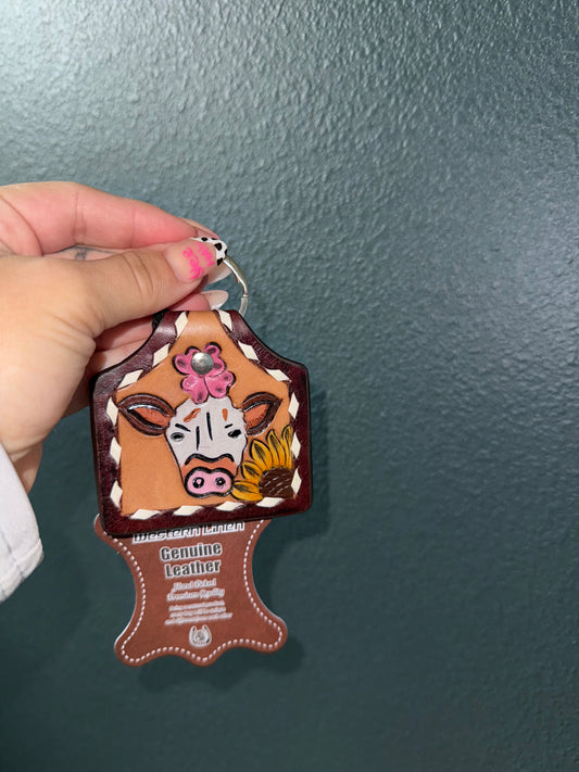 Floral Cow Leather Keychain