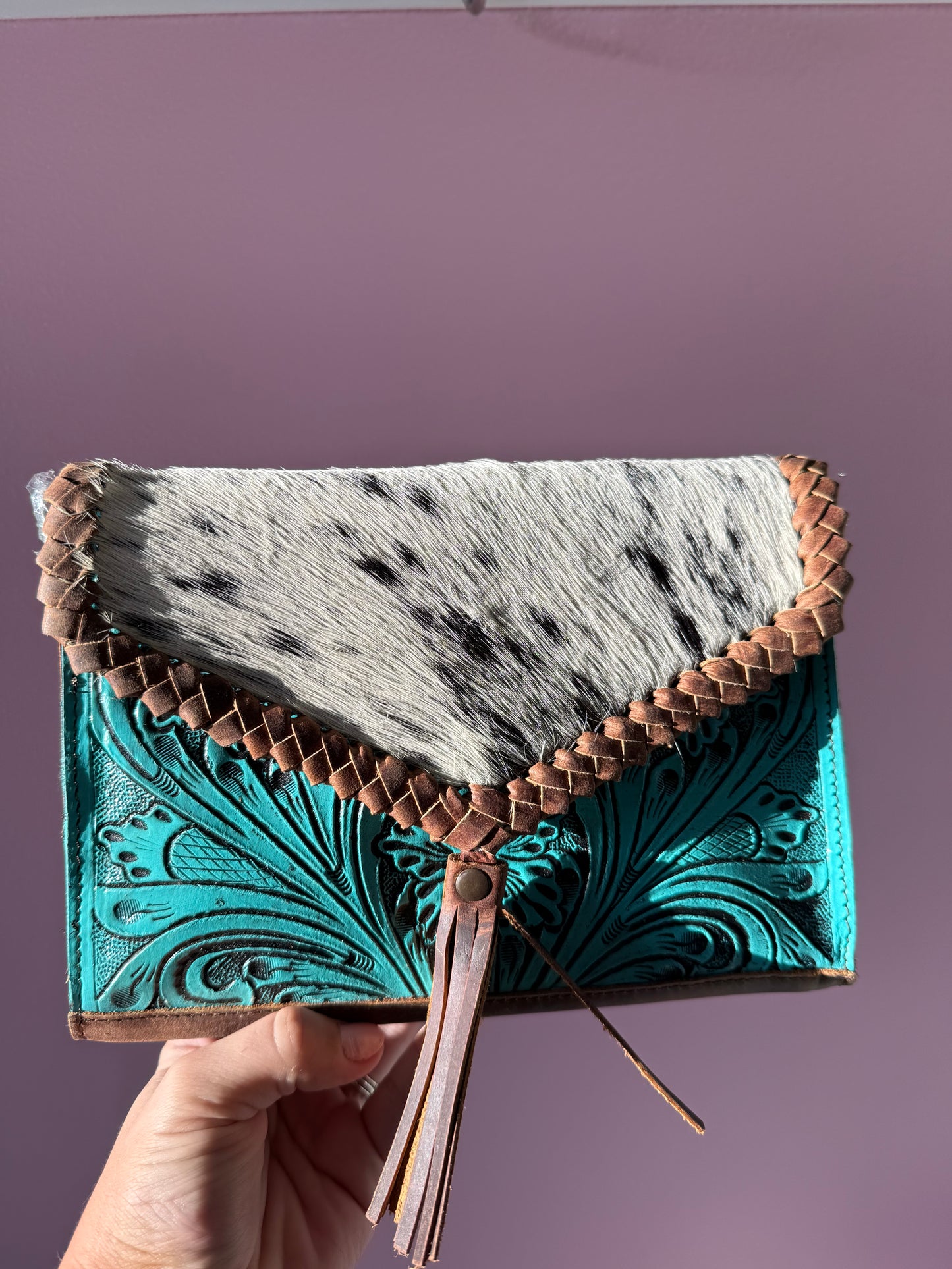 Teal Tooled Leather & Cowhide Crossbody Purse