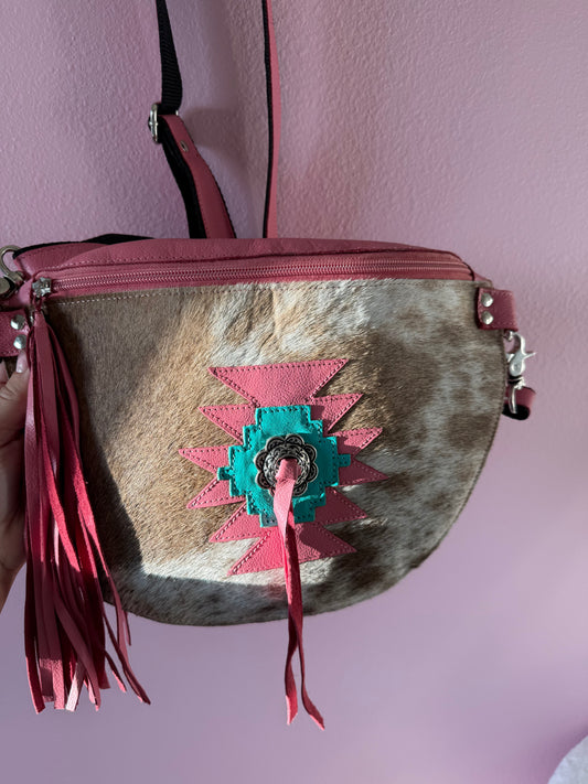 Pink & Teal Aztec Cowhide Crossbody Purse