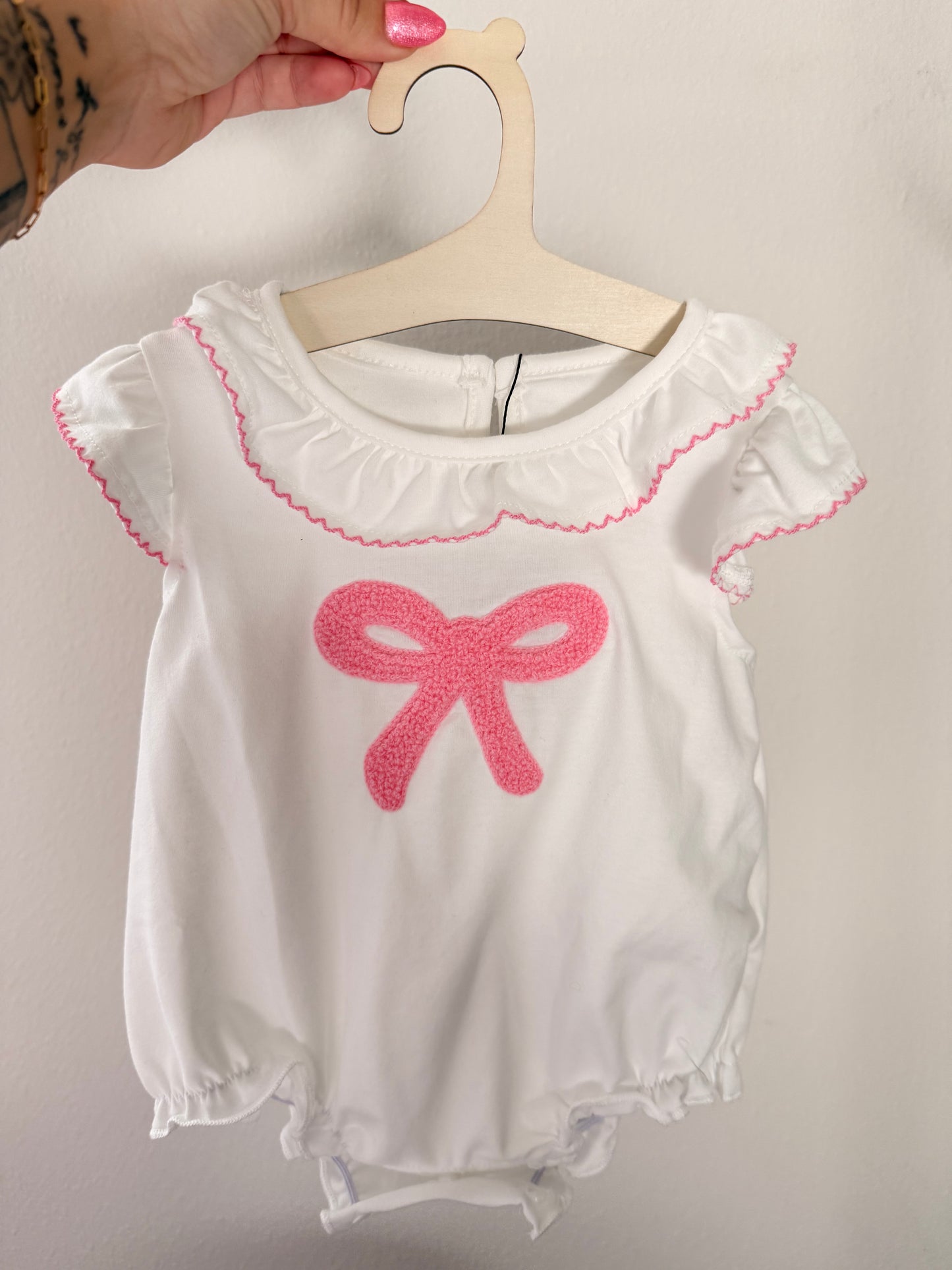 Pink Bow Baby Girl Bubble with Ruffles