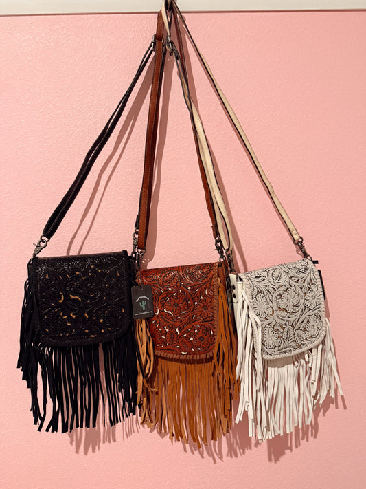 White Tooled Leather & Fringe Crossbody