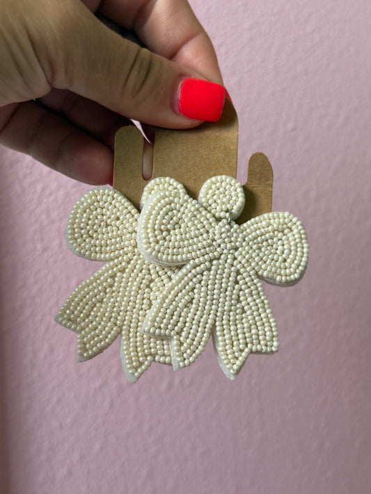 White Bow Beaded Earrings