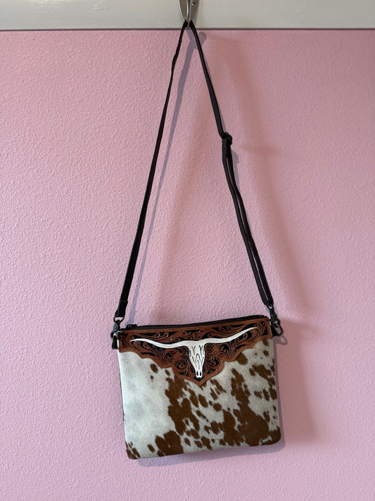 Cowhide Crossbody with Tooled Leather & Bull