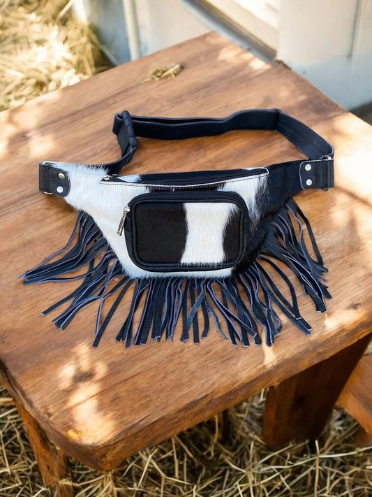 Black Cowhide and Fringe Fanny Pack