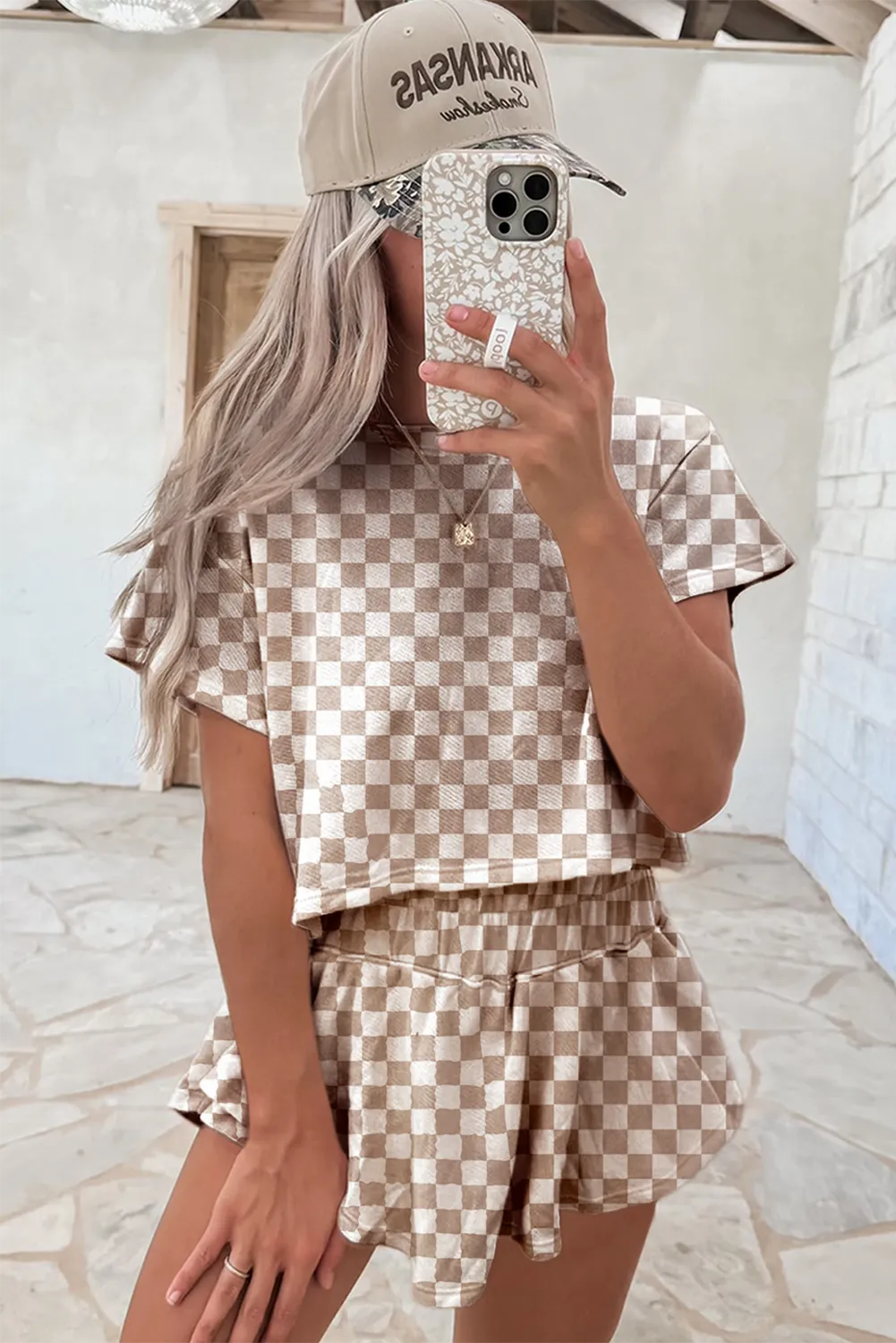 Beige Checkered Skort Set