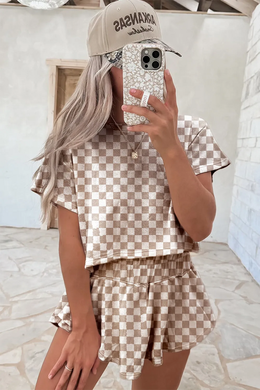Beige Checkered Skort Set