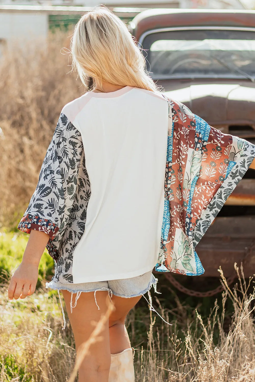 Desert Graphic Tee with Patchwork Sleeves
